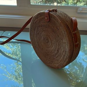 Street Level Ratten Round Bag with Leather Strap: Large Size 10.5” wide:Like new